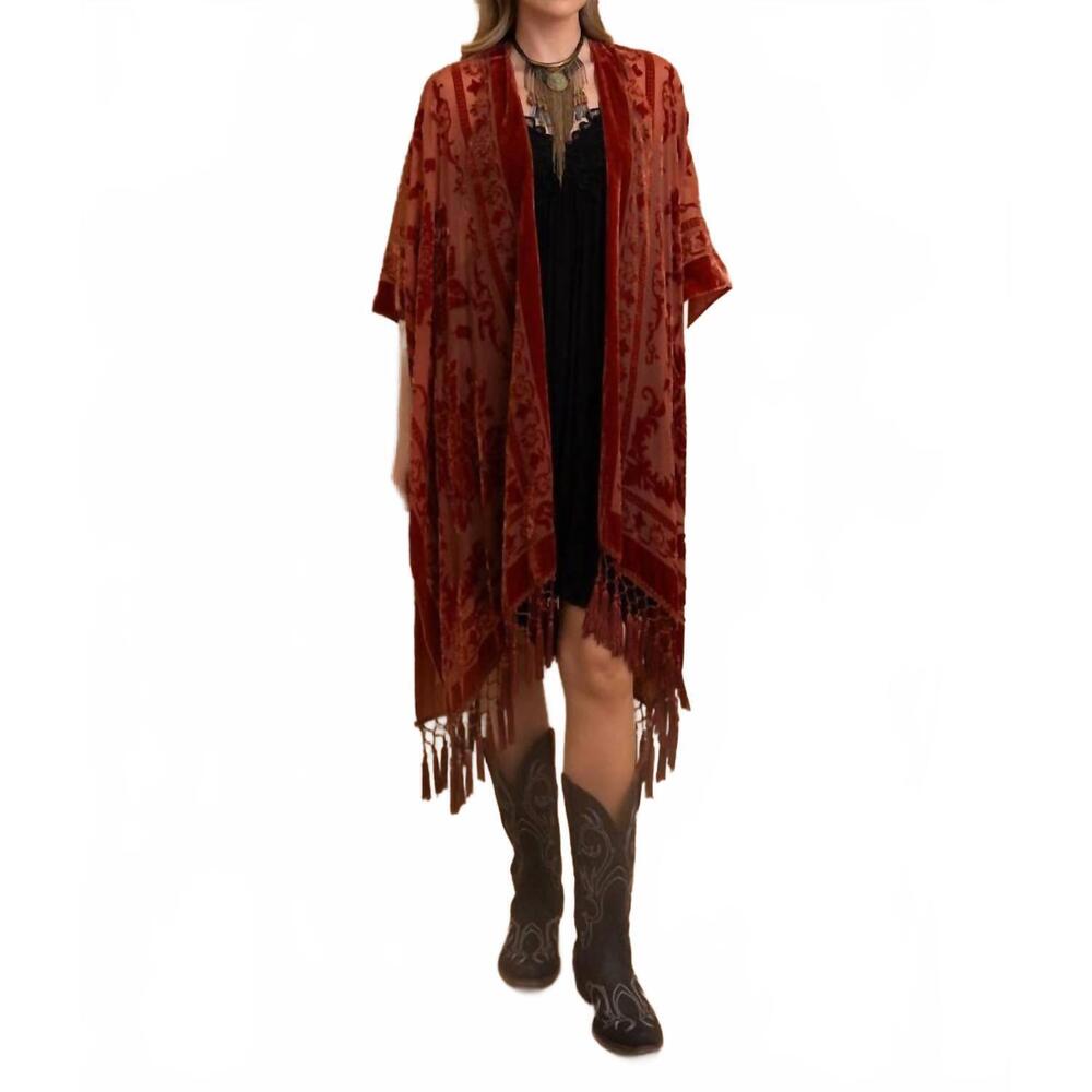 NEW LETO bestselling velvet mesh tapestry tassel kimono in rust